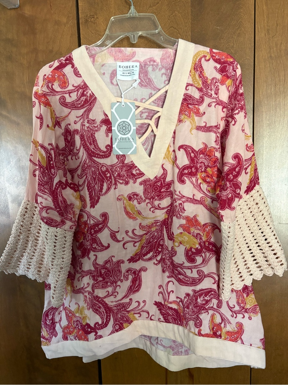 Bohera Pink Paisley V-Neck Crochet Sleeve Top